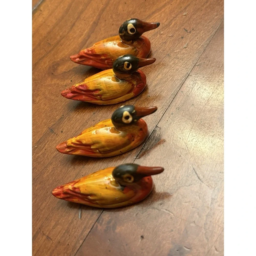 Vintage Hand Carved Wooden Mandarin Ducks Chopstick Rests Figurines Set of 4